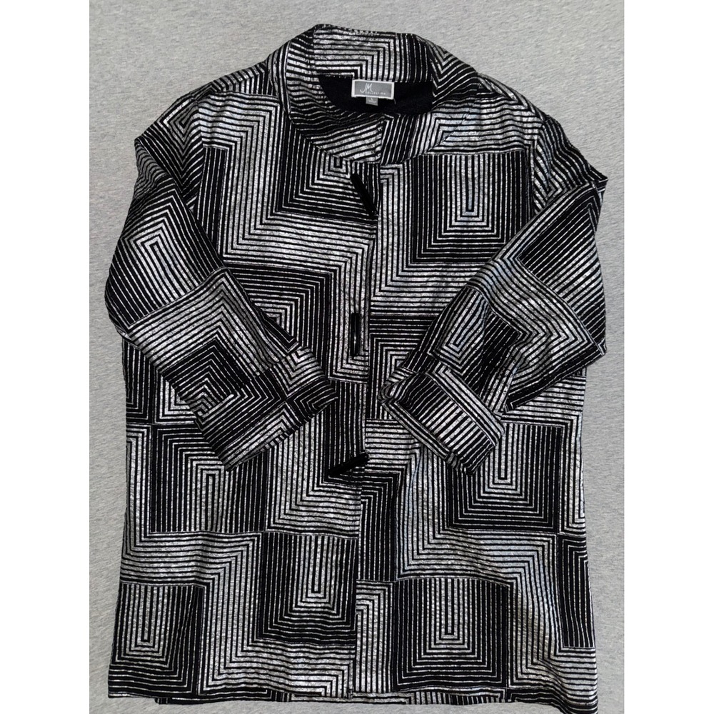 JM Collection Womens Silver Black Geometric Metallic Jacket Size Large